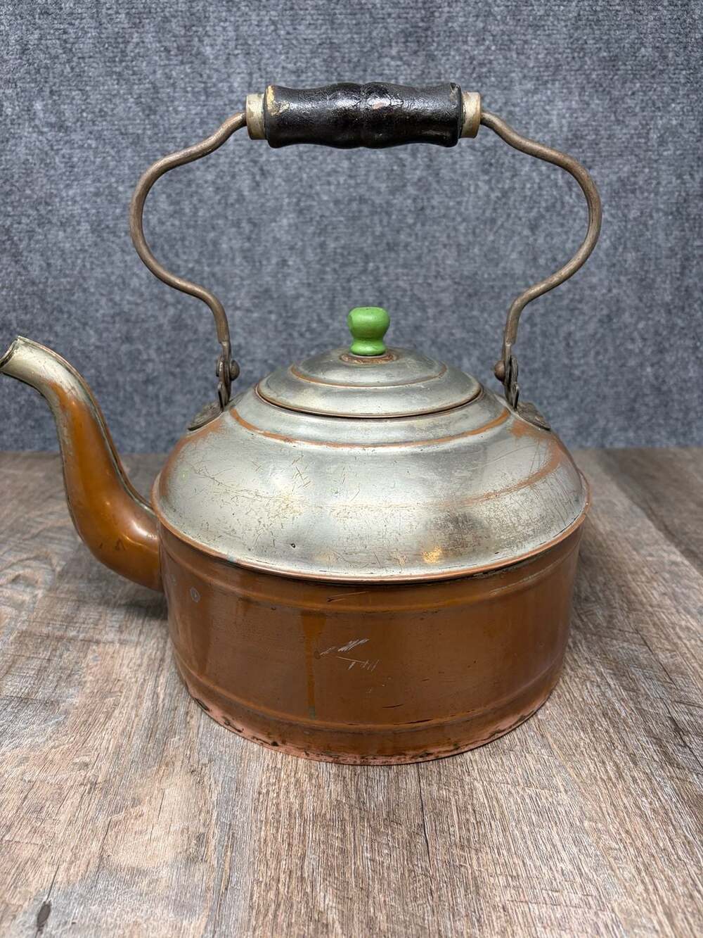 Antique Rome Copper and Nickel Plated Tea Kettle with Green Knob and Wood Handle